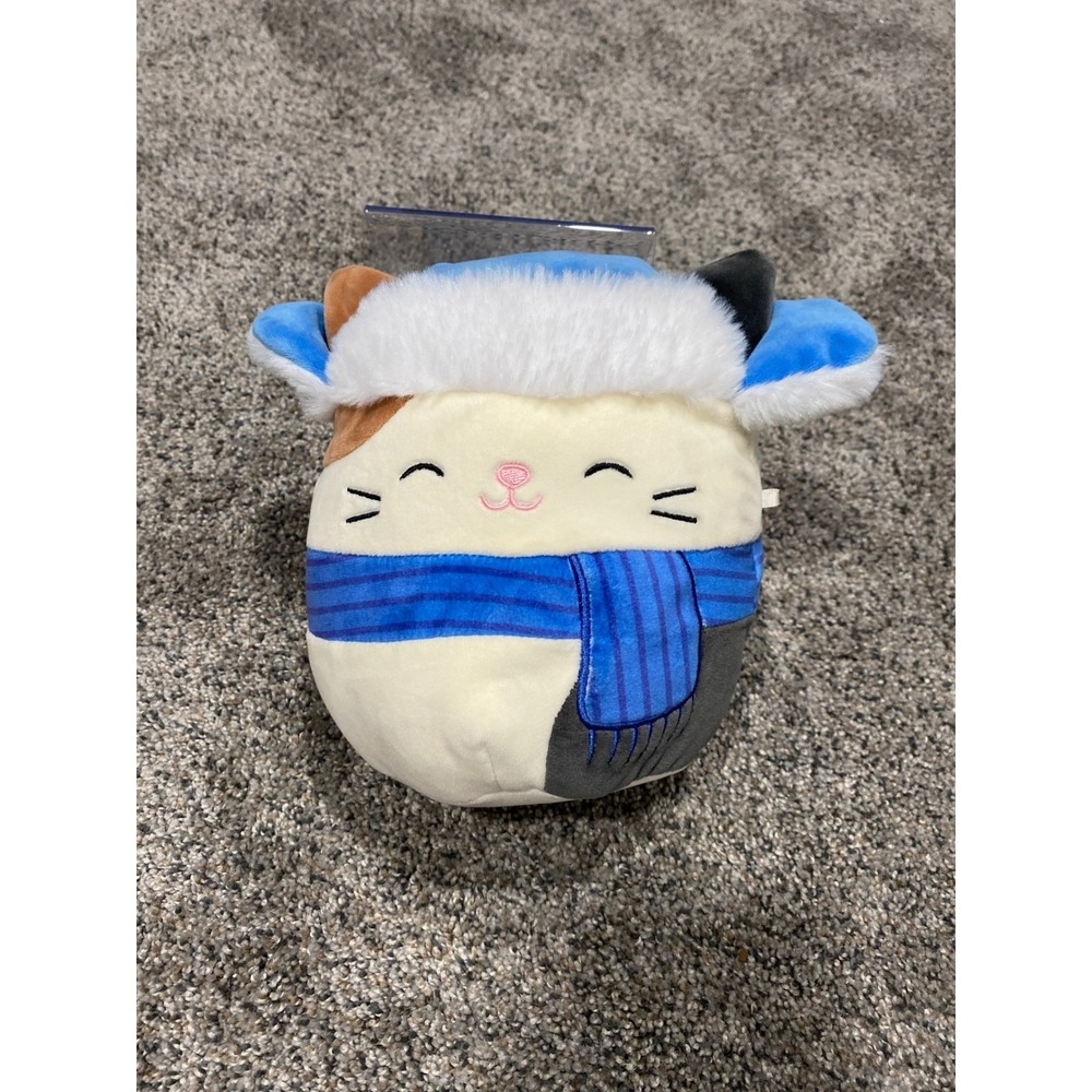 Squishmallows Cam the Cat Winter 8 Inch Blue Scarf Ushanka Hat Calico Plush Toy